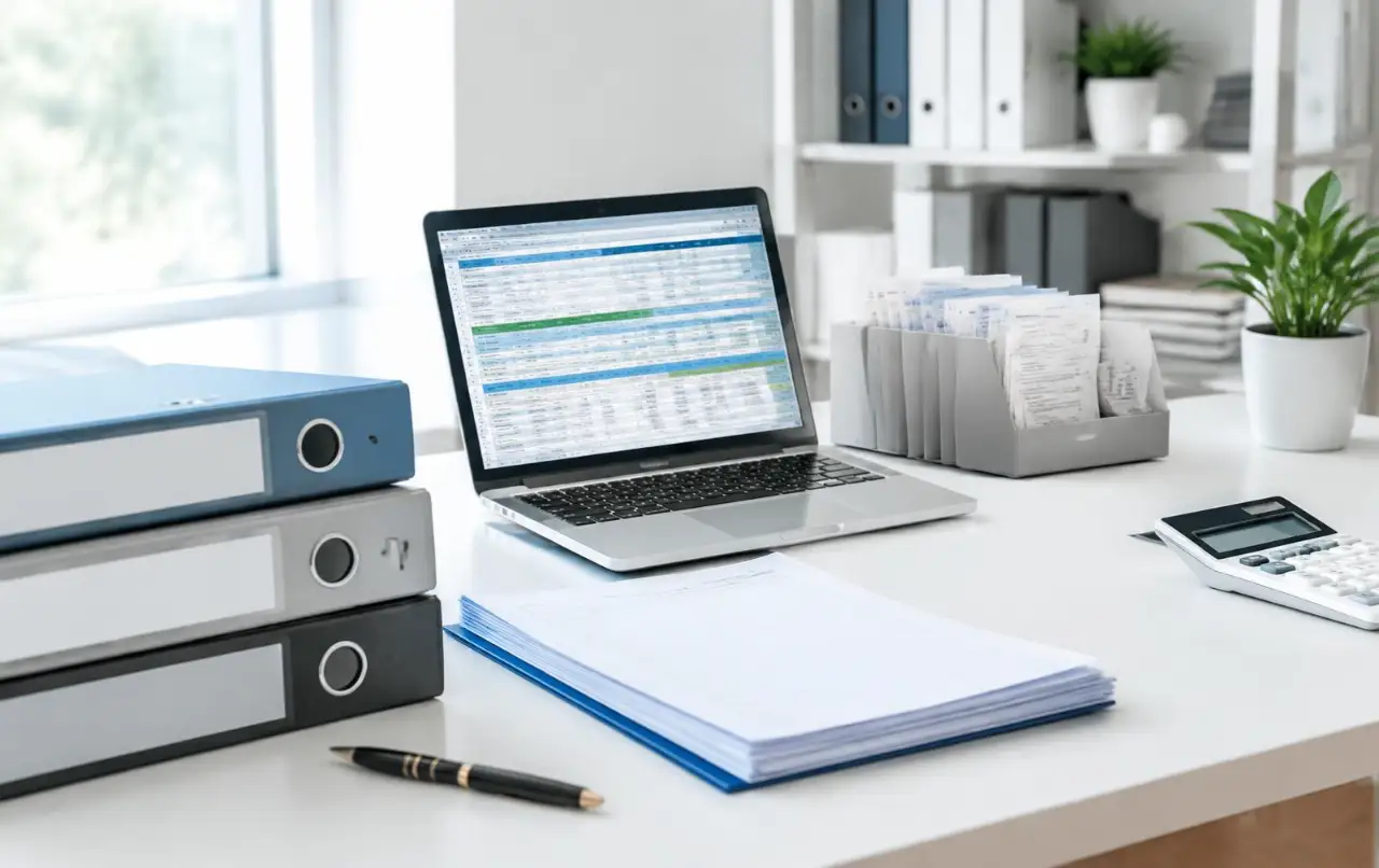 Organized workspace with laptop and business planning materials