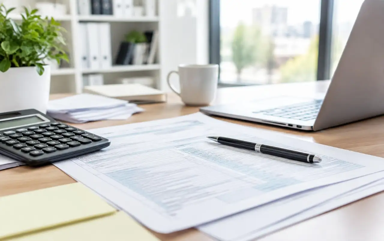 Organized workspace with laptop and business planning materials